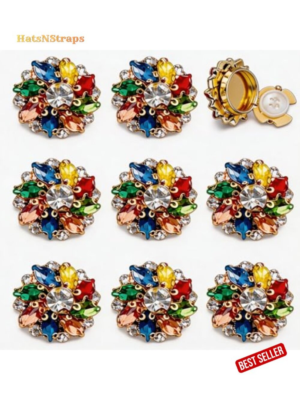 Rhinestone Flower Button Covers for Clothing, 30mm Clip-On Crystal Buttons Set